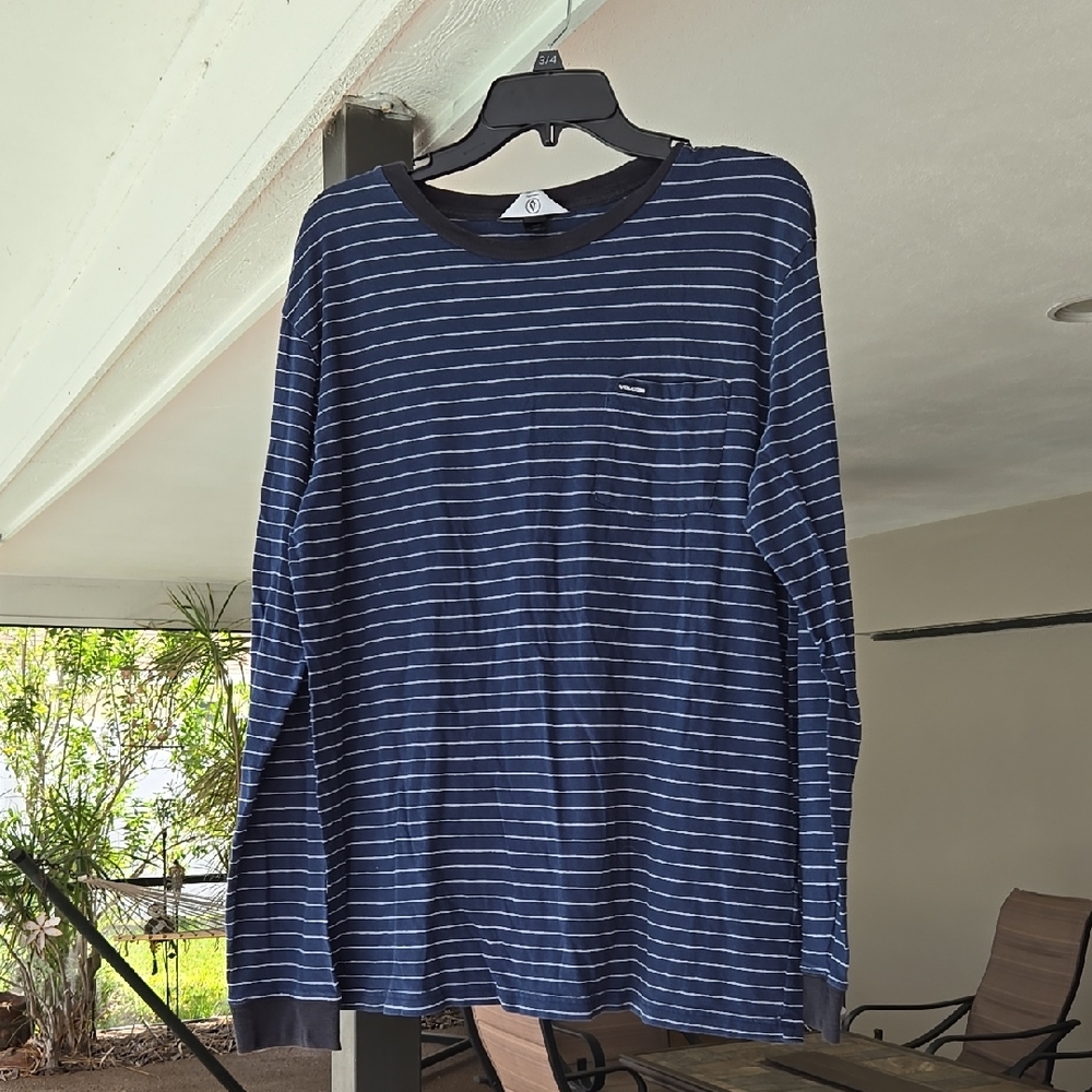 Volcom Blue and White Long Sleeve Tee Nautical Stripes